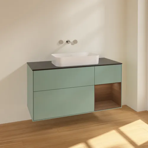 VILLEROY BOCH Finion Waschbeckenunterschrank, mit Beleuchtung, 3 Auszüge, 1200 x 603 x 501 mm, Olive Matt Lacquer / Walnut Veneer / Glass Black Matt #F712GNGM, Bild 2