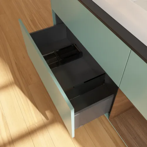 VILLEROY BOCH Finion Waschbeckenunterschrank, mit Beleuchtung, 3 Auszüge, 1200 x 603 x 501 mm, Olive Matt Lacquer / Walnut Veneer / Glass Black Matt #F712GNGM, Bild 5