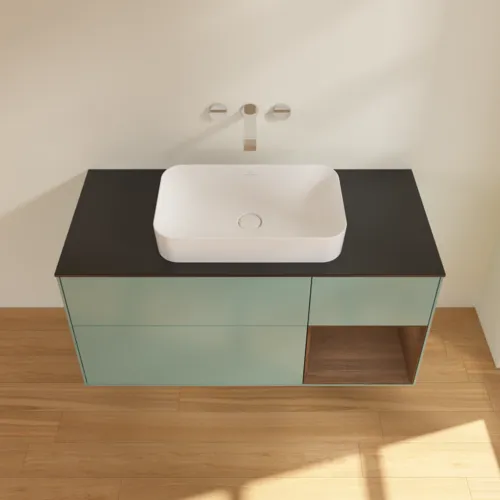 VILLEROY BOCH Finion Waschbeckenunterschrank, mit Beleuchtung, 3 Auszüge, 1200 x 603 x 501 mm, Olive Matt Lacquer / Walnut Veneer / Glass Black Matt #F712GNGM, Bild 3
