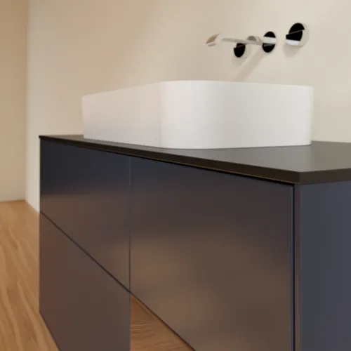 Bild von VILLEROY BOCH Finion Waschbeckenunterschrank, mit Beleuchtung, 3 Auszüge, 1200 x 603 x 501 mm, Midnight Blue Matt Lacquer / Walnut Veneer / Glass Black Matt #F712GNHG
