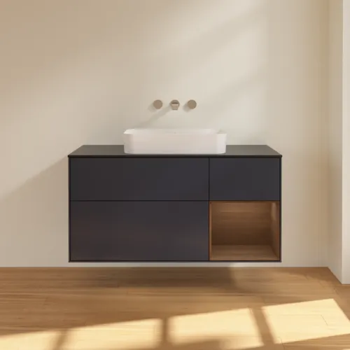Bild von VILLEROY BOCH Finion Waschbeckenunterschrank, mit Beleuchtung, 3 Auszüge, 1200 x 603 x 501 mm, Midnight Blue Matt Lacquer / Walnut Veneer / Glass Black Matt #F712GNHG