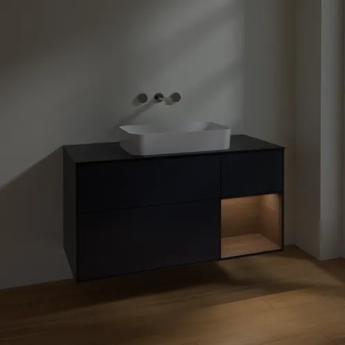 Bild von VILLEROY BOCH Finion Waschbeckenunterschrank, mit Beleuchtung, 3 Auszüge, 1200 x 603 x 501 mm, Midnight Blue Matt Lacquer / Walnut Veneer / Glass Black Matt #F712GNHG