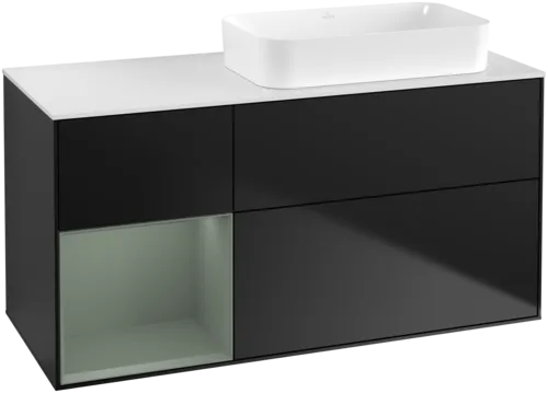 εικόνα του VILLEROY BOCH Finion Vanity unit, with lighting, 3 pull-out compartments, 1200 x 603 x 501 mm, Black Matt Lacquer / Olive Matt Lacquer / Glass White Matt #F681GMPD