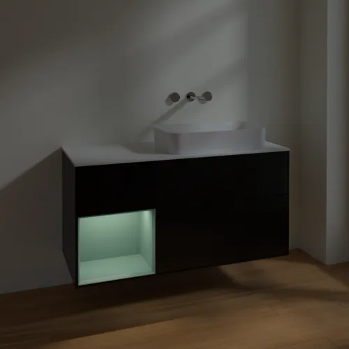 Bild von VILLEROY BOCH Finion Waschbeckenunterschrank, mit Beleuchtung, 3 Auszüge, 1200 x 603 x 501 mm, Black Matt Lacquer / Olive Matt Lacquer / Glass White Matt #F681GMPD
