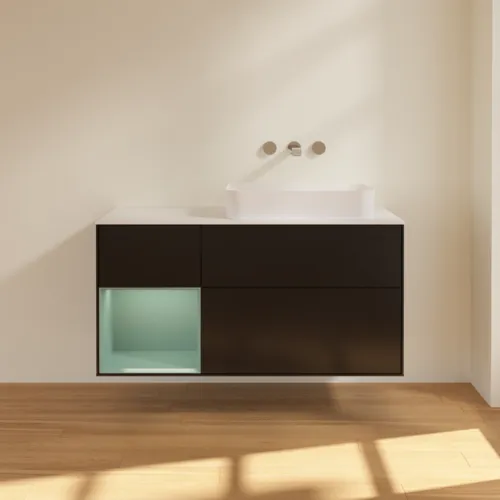 Bild von VILLEROY BOCH Finion Waschbeckenunterschrank, mit Beleuchtung, 3 Auszüge, 1200 x 603 x 501 mm, Black Matt Lacquer / Olive Matt Lacquer / Glass White Matt #F681GMPD