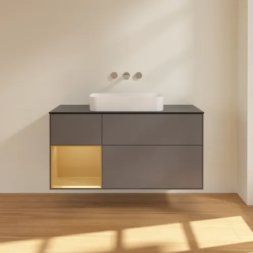 VILLEROY BOCH Finion Waschbeckenunterschrank, mit Beleuchtung, 3 Auszüge, 1200 x 603 x 501 mm, Anthracite Matt Lacquer / Gold Matt Lacquer / Glass Black Matt #F702HFGK, Bild 2