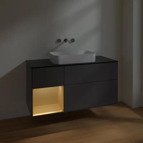 VILLEROY BOCH Finion Waschbeckenunterschrank, mit Beleuchtung, 3 Auszüge, 1200 x 603 x 501 mm, Anthracite Matt Lacquer / Gold Matt Lacquer / Glass Black Matt #F702HFGK, Bild 3