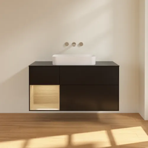 VILLEROY BOCH Finion Waschbeckenunterschrank, mit Beleuchtung, 3 Auszüge, 1200 x 603 x 501 mm, Black Matt Lacquer / Oak Veneer / Glass Black Matt #F702PCPD, Bild 2
