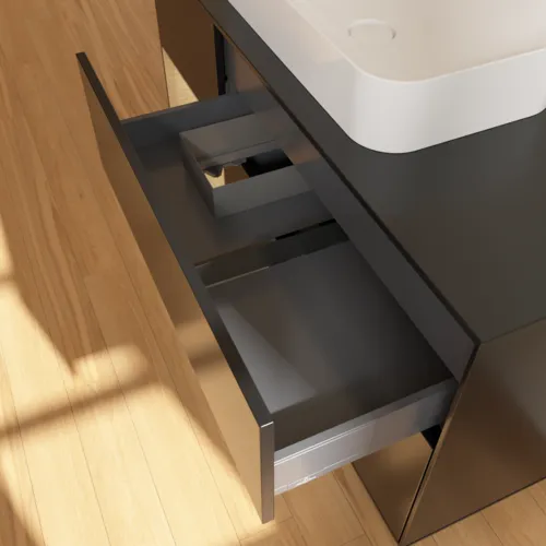 VILLEROY BOCH Finion Waschbeckenunterschrank, mit Beleuchtung, 3 Auszüge, 1200 x 603 x 501 mm, Black Matt Lacquer / Oak Veneer / Glass Black Matt #F702PCPD, Bild 4