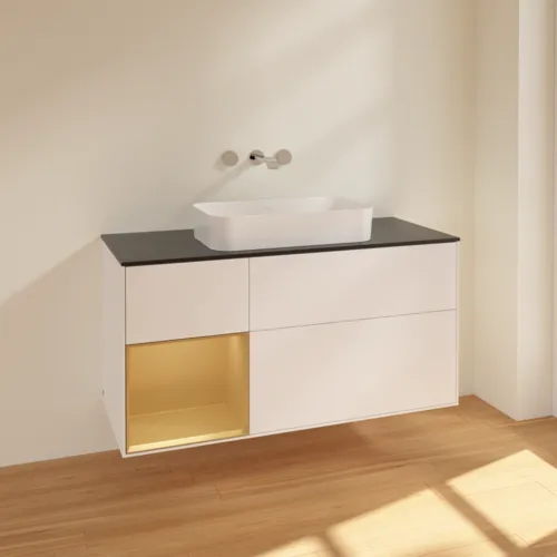 VILLEROY BOCH Finion Waschbeckenunterschrank, mit Beleuchtung, 3 Auszüge, 1200 x 603 x 501 mm, White Matt Lacquer / Gold Matt Lacquer / Glass Black Matt #F702HFMT, Bild 2