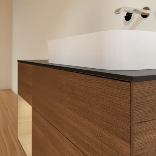Bild von VILLEROY BOCH Finion Waschbeckenunterschrank, mit Beleuchtung, 3 Auszüge, 1200 x 603 x 501 mm, Walnut Veneer / Oak Veneer / Glass Black Matt #F682PCGN