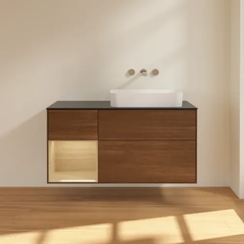 Bild von VILLEROY BOCH Finion Waschbeckenunterschrank, mit Beleuchtung, 3 Auszüge, 1200 x 603 x 501 mm, Walnut Veneer / Oak Veneer / Glass Black Matt #F682PCGN