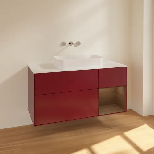 Bild von VILLEROY BOCH Finion Waschbeckenunterschrank, mit Beleuchtung, 3 Auszüge, 1200 x 603 x 501 mm, Peony Matt Lacquer / Walnut Veneer / Glass White Matt #F711GNHB