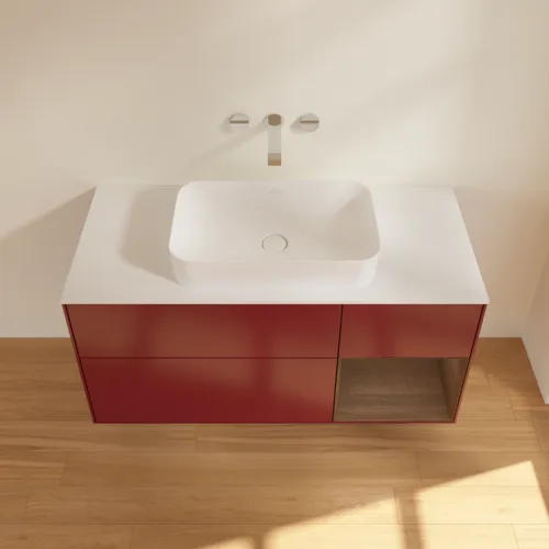 Bild von VILLEROY BOCH Finion Waschbeckenunterschrank, mit Beleuchtung, 3 Auszüge, 1200 x 603 x 501 mm, Peony Matt Lacquer / Walnut Veneer / Glass White Matt #F711GNHB