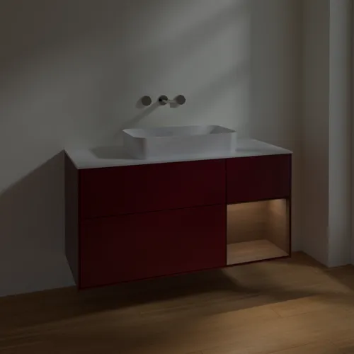 Bild von VILLEROY BOCH Finion Waschbeckenunterschrank, mit Beleuchtung, 3 Auszüge, 1200 x 603 x 501 mm, Peony Matt Lacquer / Walnut Veneer / Glass White Matt #F711GNHB