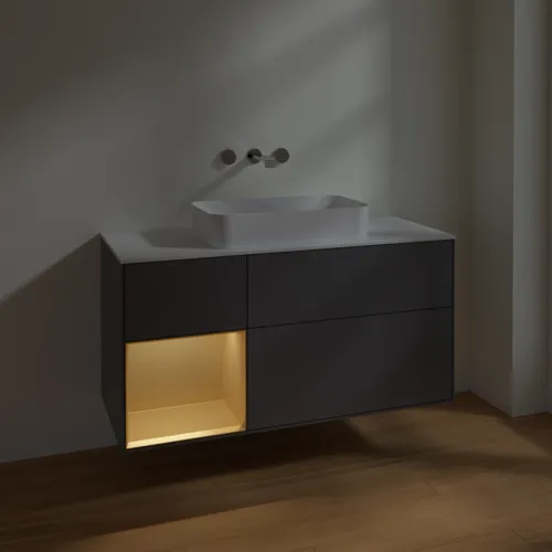 Bild von VILLEROY BOCH Finion Waschbeckenunterschrank, mit Beleuchtung, 3 Auszüge, 1200 x 603 x 501 mm, Anthracite Matt Lacquer / Gold Matt Lacquer / Glass White Matt #F701HFGK