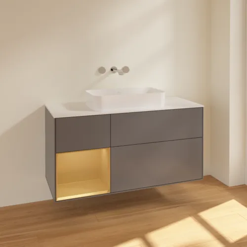 Bild von VILLEROY BOCH Finion Waschbeckenunterschrank, mit Beleuchtung, 3 Auszüge, 1200 x 603 x 501 mm, Anthracite Matt Lacquer / Gold Matt Lacquer / Glass White Matt #F701HFGK