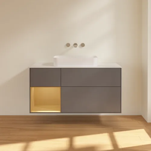 Bild von VILLEROY BOCH Finion Waschbeckenunterschrank, mit Beleuchtung, 3 Auszüge, 1200 x 603 x 501 mm, Anthracite Matt Lacquer / Gold Matt Lacquer / Glass White Matt #F701HFGK
