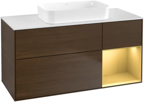 εικόνα του VILLEROY BOCH Finion Vanity unit, with lighting, 3 pull-out compartments, 1200 x 603 x 501 mm, Walnut Veneer / Gold Matt Lacquer / Glass White Matt #F711HFGN
