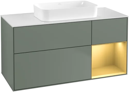 εικόνα του VILLEROY BOCH Finion Vanity unit, with lighting, 3 pull-out compartments, 1200 x 603 x 501 mm, Olive Matt Lacquer / Gold Matt Lacquer / Glass White Matt #F711HFGM