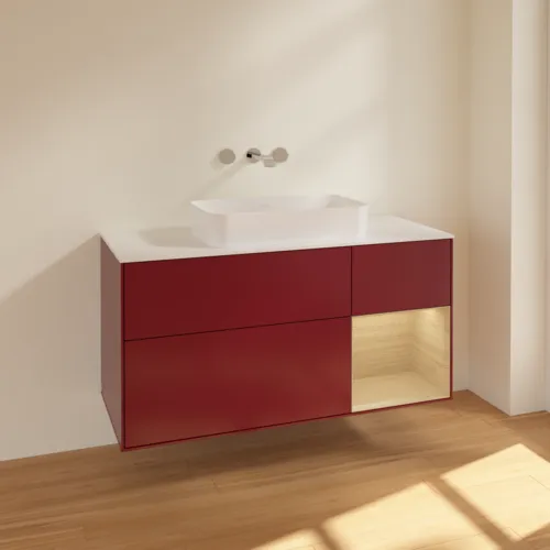 Bild von VILLEROY BOCH Finion Waschbeckenunterschrank, mit Beleuchtung, 3 Auszüge, 1200 x 603 x 501 mm, Peony Matt Lacquer / Oak Veneer / Glass White Matt #F711PCHB