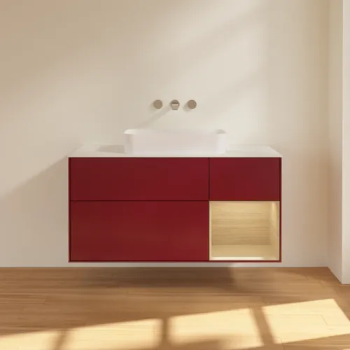Bild von VILLEROY BOCH Finion Waschbeckenunterschrank, mit Beleuchtung, 3 Auszüge, 1200 x 603 x 501 mm, Peony Matt Lacquer / Oak Veneer / Glass White Matt #F711PCHB