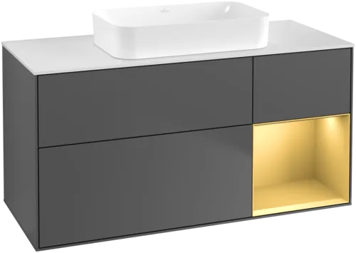 εικόνα του VILLEROY BOCH Finion Vanity unit, with lighting, 3 pull-out compartments, 1200 x 603 x 501 mm, Anthracite Matt Lacquer / Gold Matt Lacquer / Glass White Matt #F711HFGK