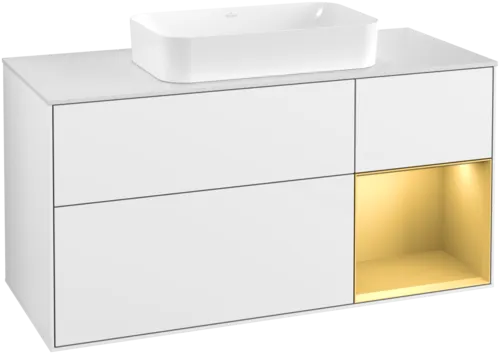 εικόνα του VILLEROY BOCH Finion Vanity unit, with lighting, 3 pull-out compartments, 1200 x 603 x 501 mm, Glossy White Lacquer / Gold Matt Lacquer / Glass White Matt #F711HFGF