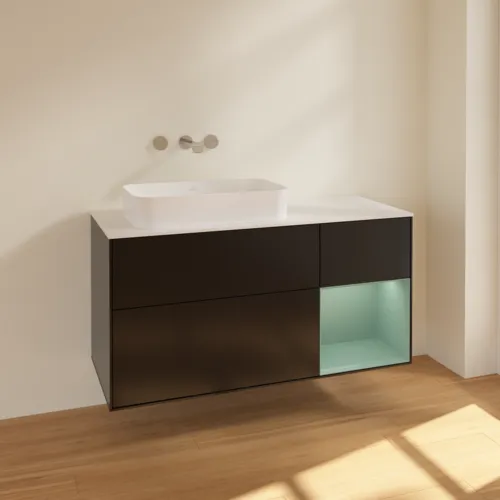 VILLEROY BOCH Finion Waschbeckenunterschrank, mit Beleuchtung, 3 Auszüge, 1200 x 603 x 501 mm, Black Matt Lacquer / Olive Matt Lacquer / Glass White Matt #F691GMPD, Bild 2