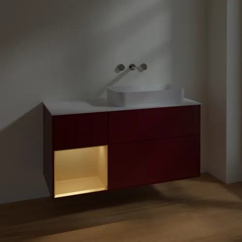 Bild von VILLEROY BOCH Finion Waschbeckenunterschrank, mit Beleuchtung, 3 Auszüge, 1200 x 603 x 501 mm, Peony Matt Lacquer / Gold Matt Lacquer / Glass White Matt #F681HFHB