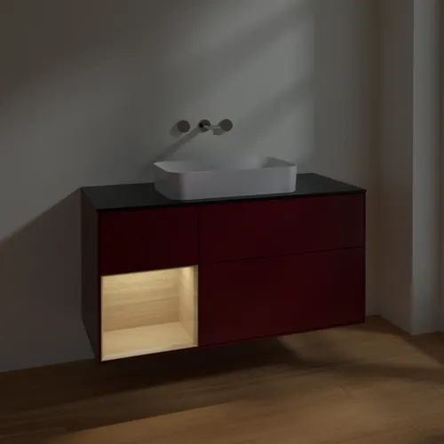 VILLEROY BOCH Finion Waschbeckenunterschrank, mit Beleuchtung, 3 Auszüge, 1200 x 603 x 501 mm, Peony Matt Lacquer / Oak Veneer / Glass Black Matt #F702PCHB, Bild 4