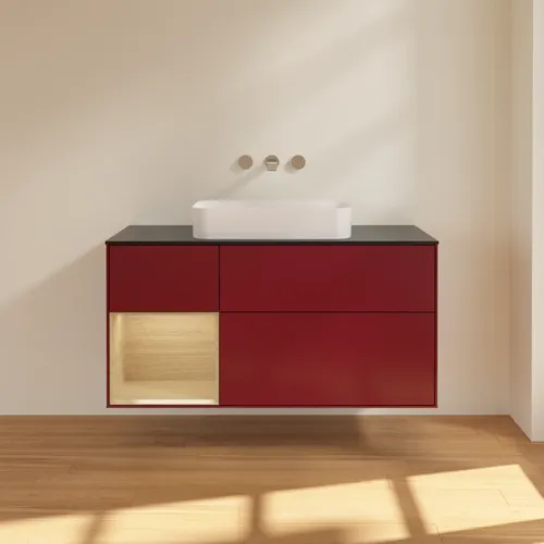 VILLEROY BOCH Finion Waschbeckenunterschrank, mit Beleuchtung, 3 Auszüge, 1200 x 603 x 501 mm, Peony Matt Lacquer / Oak Veneer / Glass Black Matt #F702PCHB, Bild 2