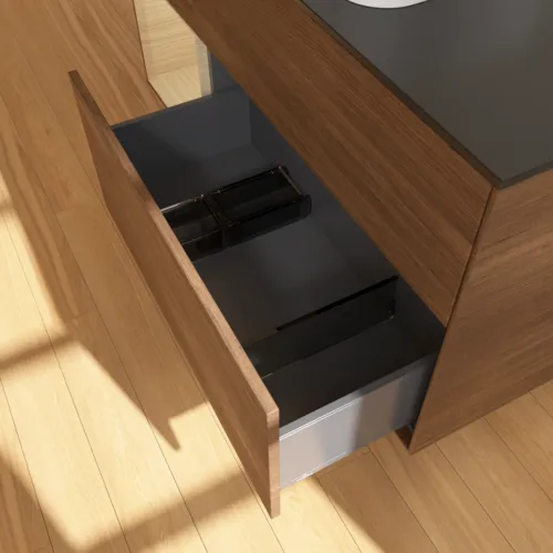 VILLEROY BOCH Finion Waschbeckenunterschrank, mit Beleuchtung, 3 Auszüge, 1200 x 603 x 501 mm, Walnut Veneer / Oak Veneer / Glass Black Matt #F702PCGN, Bild 4