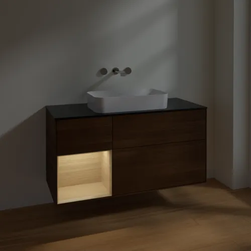 VILLEROY BOCH Finion Waschbeckenunterschrank, mit Beleuchtung, 3 Auszüge, 1200 x 603 x 501 mm, Walnut Veneer / Oak Veneer / Glass Black Matt #F702PCGN, Bild 3