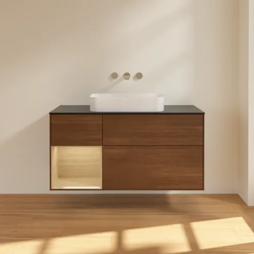 VILLEROY BOCH Finion Waschbeckenunterschrank, mit Beleuchtung, 3 Auszüge, 1200 x 603 x 501 mm, Walnut Veneer / Oak Veneer / Glass Black Matt #F702PCGN, Bild 2