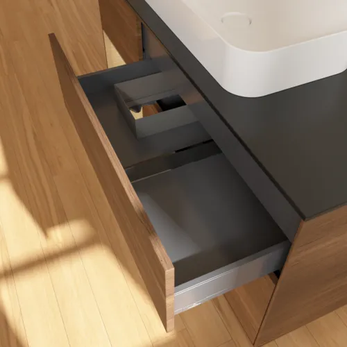 VILLEROY BOCH Finion Waschbeckenunterschrank, mit Beleuchtung, 3 Auszüge, 1200 x 603 x 501 mm, Walnut Veneer / Oak Veneer / Glass Black Matt #F702PCGN, Bild 5