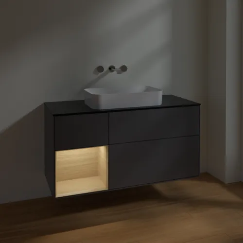 Bild von VILLEROY BOCH Finion Waschbeckenunterschrank, mit Beleuchtung, 3 Auszüge, 1200 x 603 x 501 mm, Anthracite Matt Lacquer / Oak Veneer / Glass Black Matt #F702PCGK
