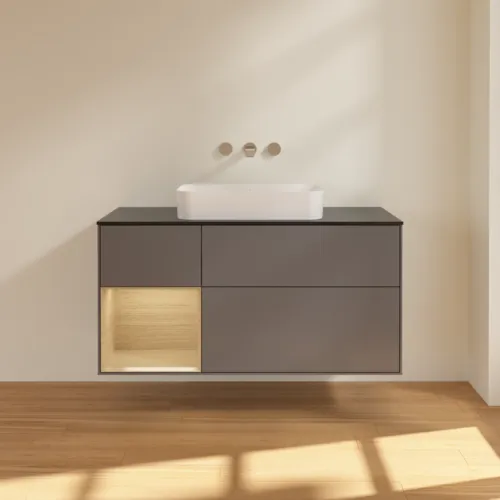 Bild von VILLEROY BOCH Finion Waschbeckenunterschrank, mit Beleuchtung, 3 Auszüge, 1200 x 603 x 501 mm, Anthracite Matt Lacquer / Oak Veneer / Glass Black Matt #F702PCGK