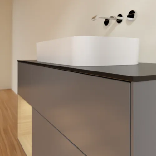 Bild von VILLEROY BOCH Finion Waschbeckenunterschrank, mit Beleuchtung, 3 Auszüge, 1200 x 603 x 501 mm, Anthracite Matt Lacquer / Oak Veneer / Glass Black Matt #F702PCGK