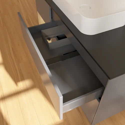 Bild von VILLEROY BOCH Finion Waschbeckenunterschrank, mit Beleuchtung, 3 Auszüge, 1200 x 603 x 501 mm, Anthracite Matt Lacquer / Oak Veneer / Glass Black Matt #F702PCGK