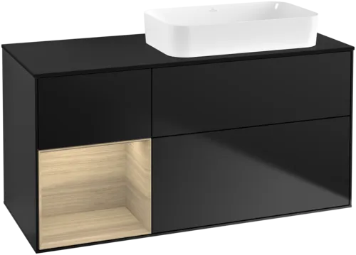 Picture of VILLEROY BOCH Finion Vanity unit, with lighting, 3 pull-out compartments, 1200 x 603 x 501 mm, Black Matt Lacquer / Oak Veneer / Glass Black Matt #F682PCPD