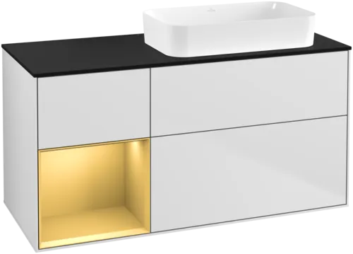 Picture of VILLEROY BOCH Finion Vanity unit, with lighting, 3 pull-out compartments, 1200 x 603 x 501 mm, White Matt Lacquer / Gold Matt Lacquer / Glass Black Matt #F682HFMT