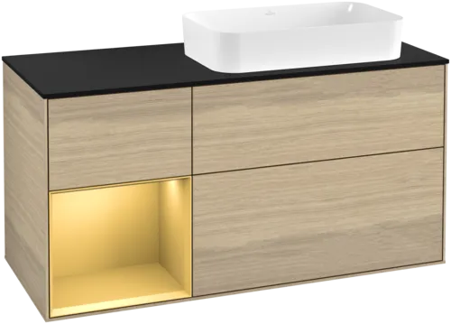 εικόνα του VILLEROY BOCH Finion Vanity unit, with lighting, 3 pull-out compartments, 1200 x 603 x 501 mm, Oak Veneer / Gold Matt Lacquer / Glass Black Matt #F682HFPC