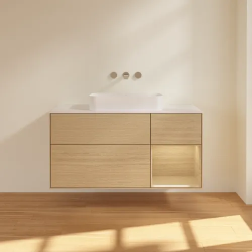 VILLEROY BOCH Finion Waschbeckenunterschrank, mit Beleuchtung, 3 Auszüge, 1200 x 603 x 501 mm, Oak Veneer / Oak Veneer / Glass White Matt #F711PCPC, Bild 3