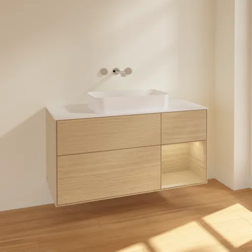 VILLEROY BOCH Finion Waschbeckenunterschrank, mit Beleuchtung, 3 Auszüge, 1200 x 603 x 501 mm, Oak Veneer / Oak Veneer / Glass White Matt #F711PCPC, Bild 2