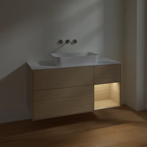 VILLEROY BOCH Finion Waschbeckenunterschrank, mit Beleuchtung, 3 Auszüge, 1200 x 603 x 501 mm, Oak Veneer / Oak Veneer / Glass White Matt #F711PCPC, Bild 4