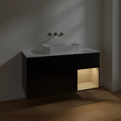 Bild von VILLEROY BOCH Finion Waschbeckenunterschrank, mit Beleuchtung, 3 Auszüge, 1200 x 603 x 501 mm, Black Matt Lacquer / Oak Veneer / Glass White Matt #F711PCPD