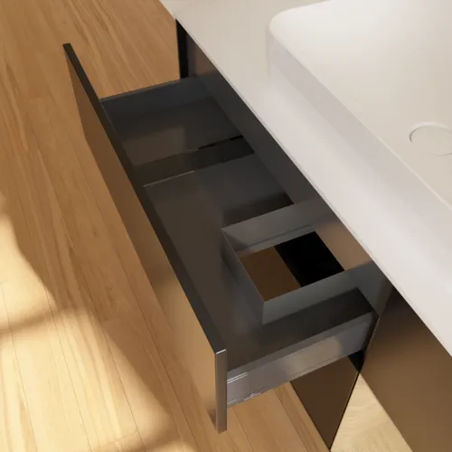 Bild von VILLEROY BOCH Finion Waschbeckenunterschrank, mit Beleuchtung, 3 Auszüge, 1200 x 603 x 501 mm, Black Matt Lacquer / Oak Veneer / Glass White Matt #F711PCPD