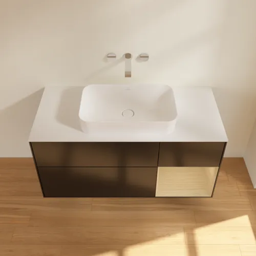 Bild von VILLEROY BOCH Finion Waschbeckenunterschrank, mit Beleuchtung, 3 Auszüge, 1200 x 603 x 501 mm, Black Matt Lacquer / Oak Veneer / Glass White Matt #F711PCPD