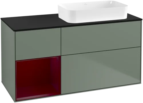 εικόνα του VILLEROY BOCH Finion Vanity unit, with lighting, 3 pull-out compartments, 1200 x 603 x 501 mm, Olive Matt Lacquer / Peony Matt Lacquer / Glass Black Matt #F682HBGM